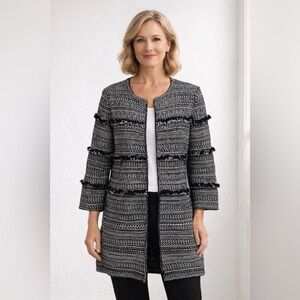 NIC+ZOE Black & White Tweed Striped Cardigan Jacket S Fringe Coatagian Modest